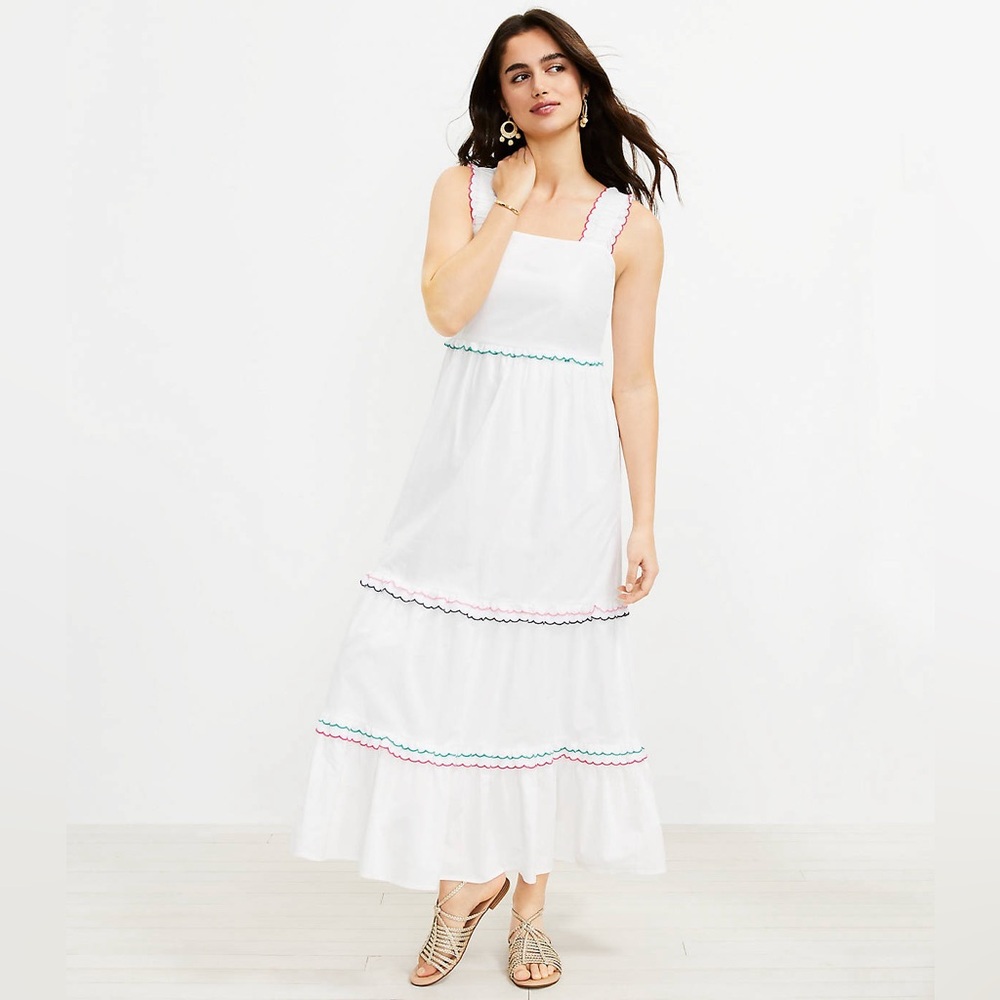 Rainbow Ruffle Strappy Tiered Maxi Dress NWT white size s